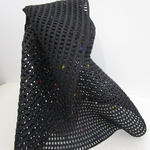 Enormous Oversized Lattice Knit Wide Brim Hat Black Sun Pool Derby - Picture 4 of 9